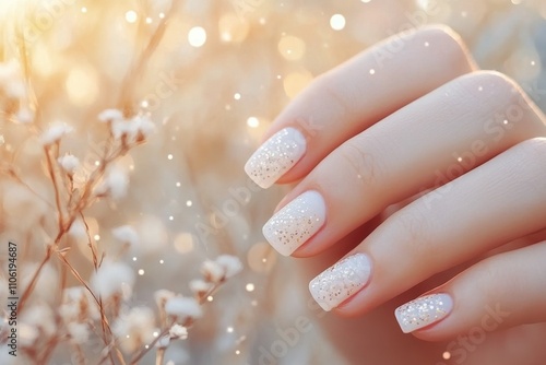 Elegant hand with manicured nails surrounded by soft flowers and shimmering l...