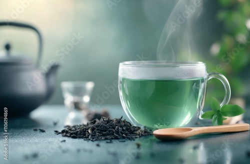 Hot green tea steaming in a glass cup with loose tea leaves on a wooden spoon...