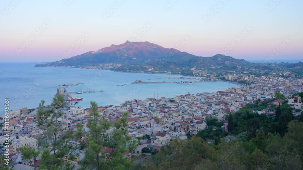Panoramic view over Zakynthos town or city at sunset. Zakynthos island, Ionian sea, in western Greece