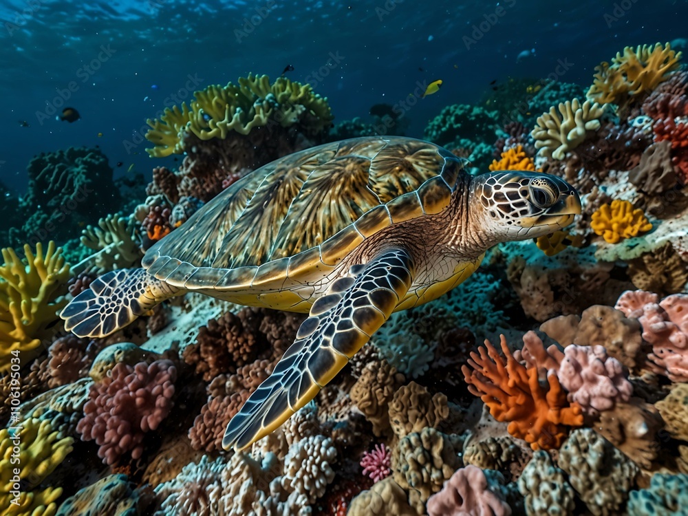 Fototapeta premium Green sea turtle swimming among a colorful coral reef.