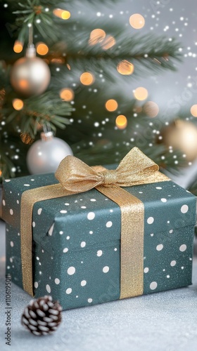 Holiday gift wrapped with gold ribbon near decorated Christmas tree and soft ...