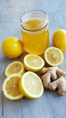 Fresh lemonade with ginger garnished with lemon slices on a kitchen countertop