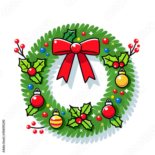 Christmas wreath with holly branches and christmas balls and red bow in linear style. vector illustration isolated on white background