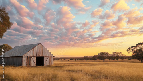 Rustic Australian outback barn, with corrugated iron walls and a wide-open sky overhead  
 photo