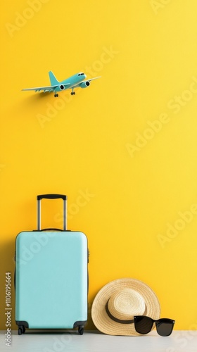 Luggage and travel accessories placed against vibrant yellow wall ready for s...