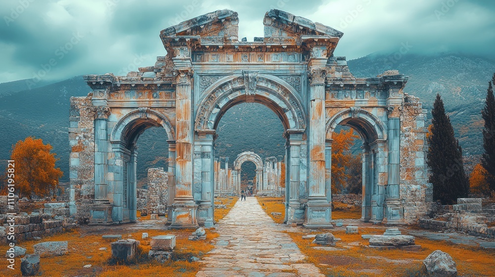 Fototapeta premium Ancient stone archway ruins, autumnal colors, mountains.
