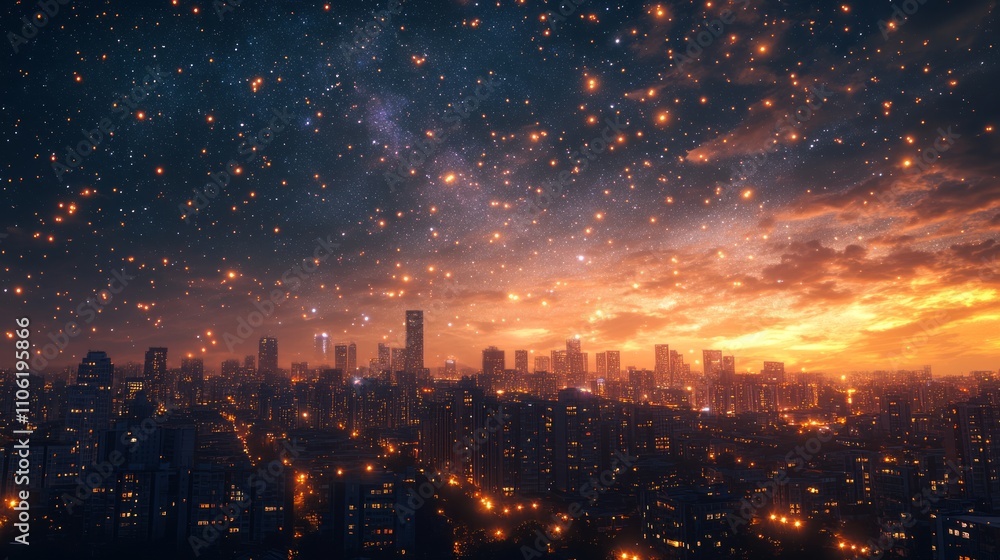 Obraz premium Night cityscape with countless glowing lanterns ascending into a vibrant sunset sky.