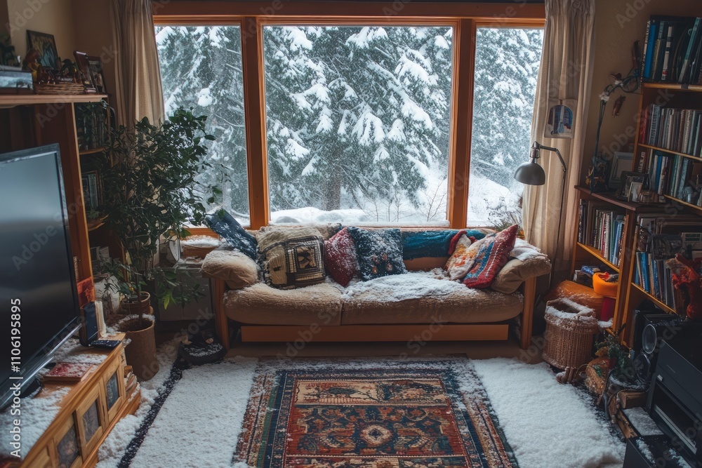 Fototapeta premium Snow Covered Couch In Cozy Winter Living Room