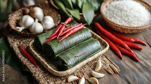 Traditional culinary ingredients arranged on a woven mat in a rustic kitchen ...