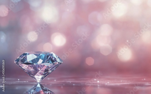 Sparkling diamond resting on a reflective surface with a colorful bokeh backg...