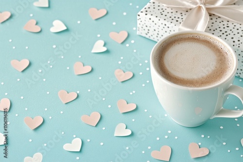 A cup of coffee with a heart design in the foam sits on a small plate