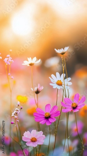 Beautiful wildflowers blooming in a sunny meadow during springtime