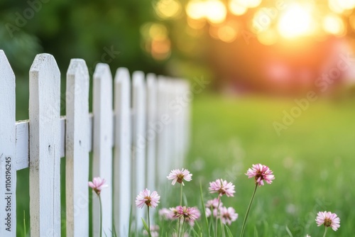 Flowers bloom beside a white picket fence in a sunny garden at dusk