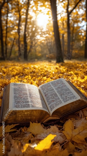 Open book resting on golden autumn leaves in a serene forest setting during s...