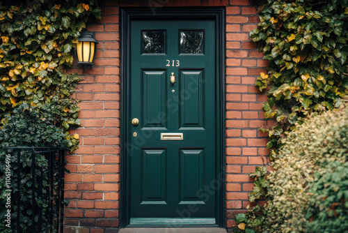 Dark Green Six Panel Front Door in a Red Brick House