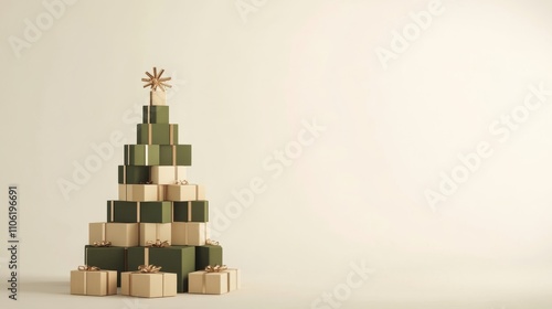 Green and gold gift boxes arranged as a Christmas tree decoration for the hol...