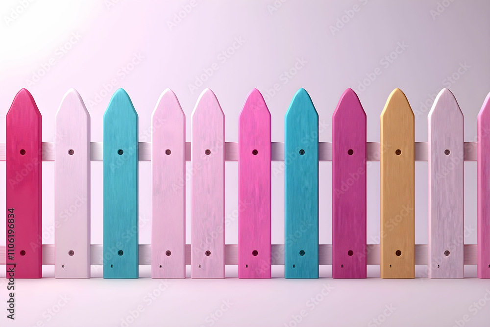 Colorful Wooden Fence with Vertical Pickets in Pink, Blue, and Yellow Against Soft Background, Ideal for Creative Design Projects and Playful Themes Colorful Wooden Fence with Vertical Pickets in Pink, Blue, and Yellow Against Soft Background, Ideal for Creative Design Projects and Playful Themes