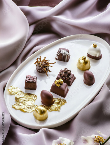 Assorted luxury chocolates on a white platter with gold accents. photo