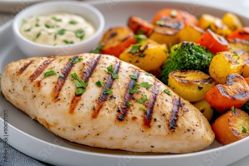 Grilled chicken breast served with colorful roasted vegetables on a white plate