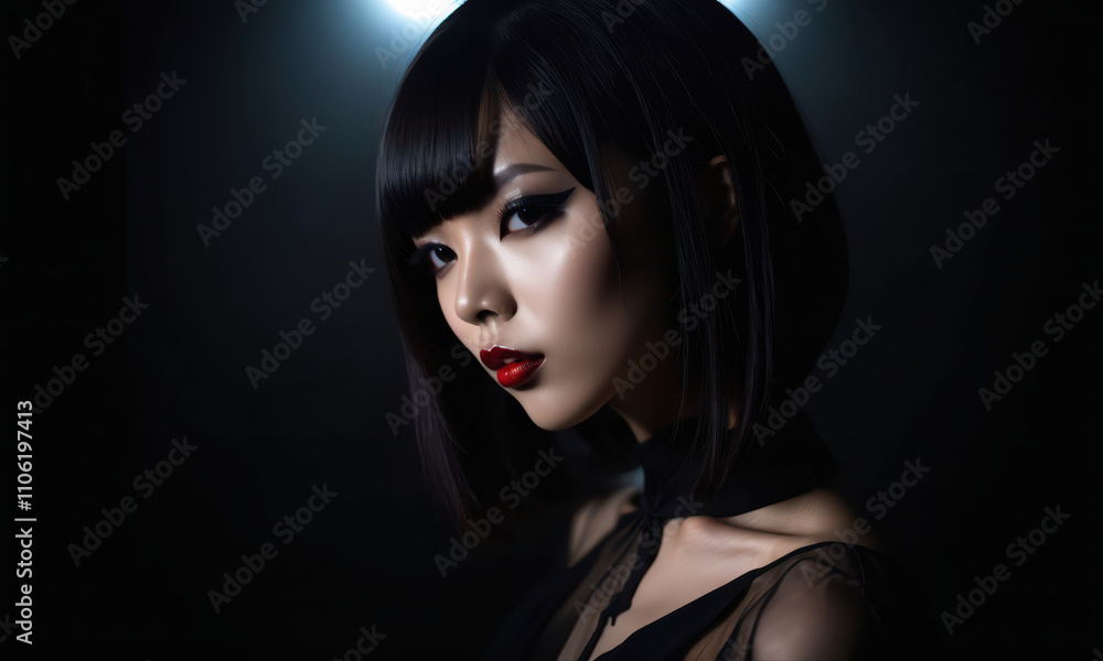 Portrait asian goth woman with red lips and dark hair bob on black background Portrait asian goth woman with red lips and dark hair bob on black background