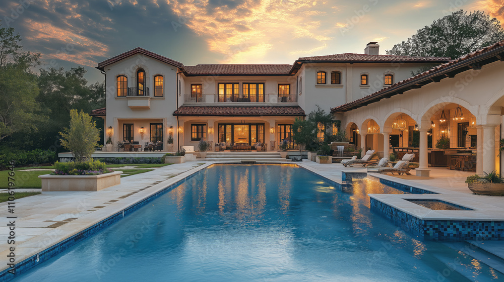 Fototapeta premium Serene Outdoor Beauty: Elegantly Composed House with a Mesmerizing Pool View - Generative Ai