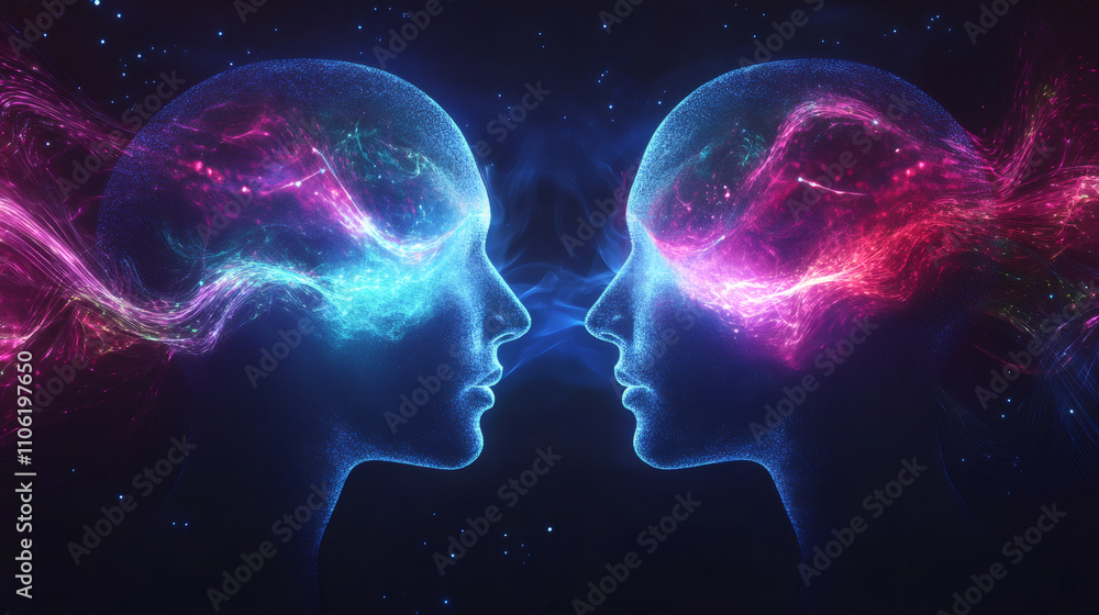 Digital heads in communication exchange energy flows, representing connection and cosmic energy Digital heads in communication exchange energy flows, representing connection and cosmic energy