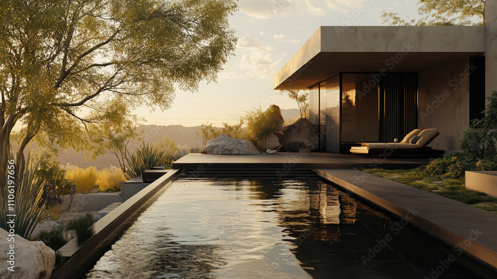 Fototapeta premium Serene Outdoor Beauty: Elegantly Composed House with a Mesmerizing Pool View - Generative Ai