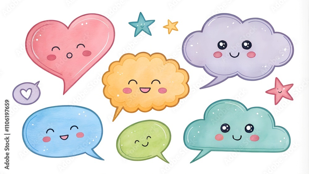 Fototapeta premium multicolored cute Watercolor speech bubbles, dialog cloud Set. clipart stikers Collection on transparent background. window for thoughts, ideas, conversations for web design, scrapbooking