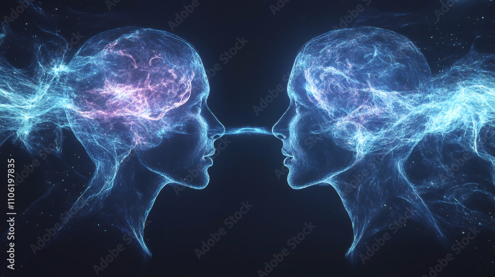 Energy flowing between two minds, symbolizing communication, telepathy, and shared consciousness Energy flowing between two minds, symbolizing communication, telepathy, and shared consciousness