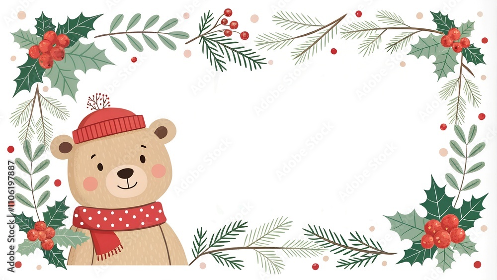 Fototapeta premium Christmas banner template with holly berries, mistletoe, green leaves, cute bear. horizontal new year winter border frame with white copy space background 