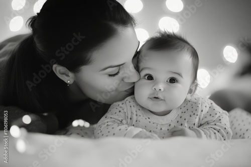 Mom and baby share a serene moment by the holiday lights in a cozy setting