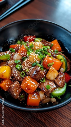 Savory beef stir fry served in a black bowl garnished with vegetables and sauce