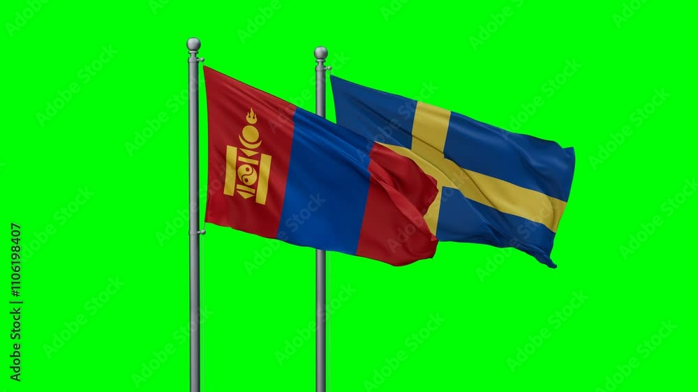 Sweden and Mongolia flags flying together, video concept of the relationship with colored chroma key for easy background remove, two country cooperation concept Sweden and Mongolia flags flying together, video concept of the relationship with colored chroma key for easy background remove, two country cooperation concept