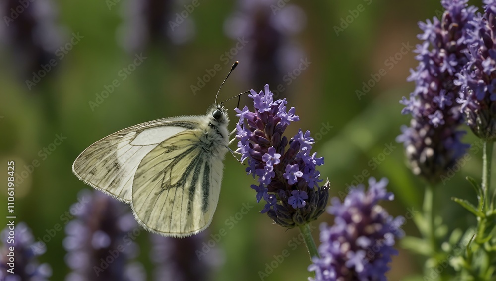 Naklejka premium Green-veined white butterfly on lavender.