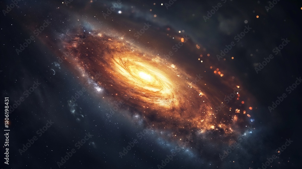 Fototapeta premium Spiral galaxy with golden arms of cosmic materials image. Spellbound light formation in dark void photography scene wallpaper. Outer space wonder concept photorealistic photo