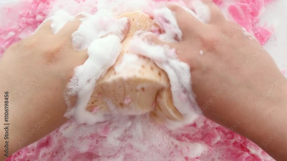 Hands are shaking a washcloth in soapy pink foam. Creating a soft rustle. the effect of soothing and relaxing action. Close-up. Asmr. Part 9 Hands are shaking a washcloth in soapy pink foam. Creating a soft rustle. the effect of soothing and relaxing action. Close-up. Asmr. Part 9