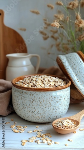 Healthy oats in a ceramic jar with a wooden spoon and decorative elements in ...