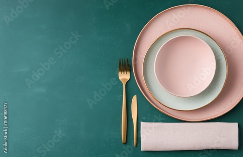 Elegant table setting with pastel plates and golden cutlery on a dark green b...