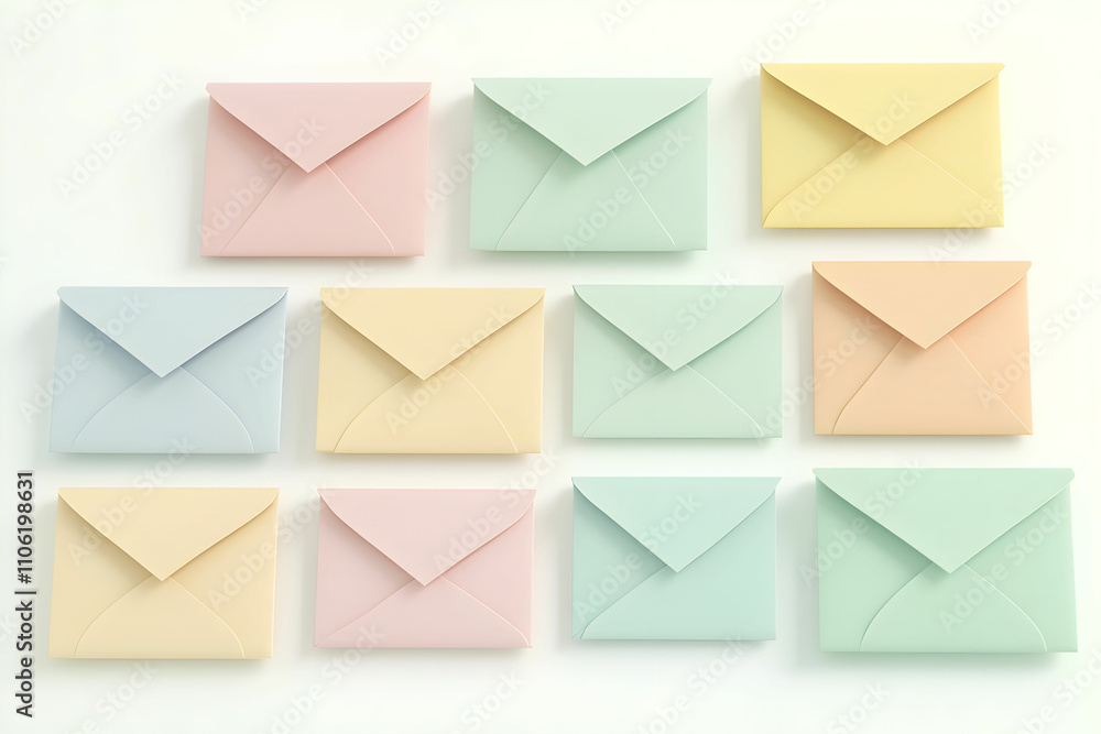 Aesthetic pastel colored envelopes arranged in a creative layout showcasing delicate shades and textures ideal for invitations, stationery, and decorative purposes in photography. Aesthetic pastel colored envelopes arranged in a creative layout showcasing delicate shades and textures ideal for invitations, stationery, and decorative purposes in photography.