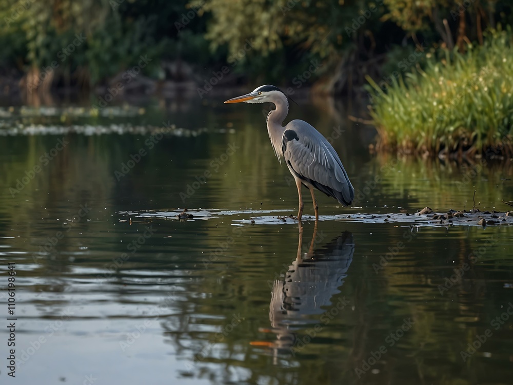 Grey heron (Airone cenerino) in a tranquil scene. Grey heron (Airone cenerino) in a tranquil scene.