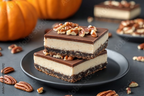 Delicious pumpkin dessert squares with pecans served on a black plate in autu...