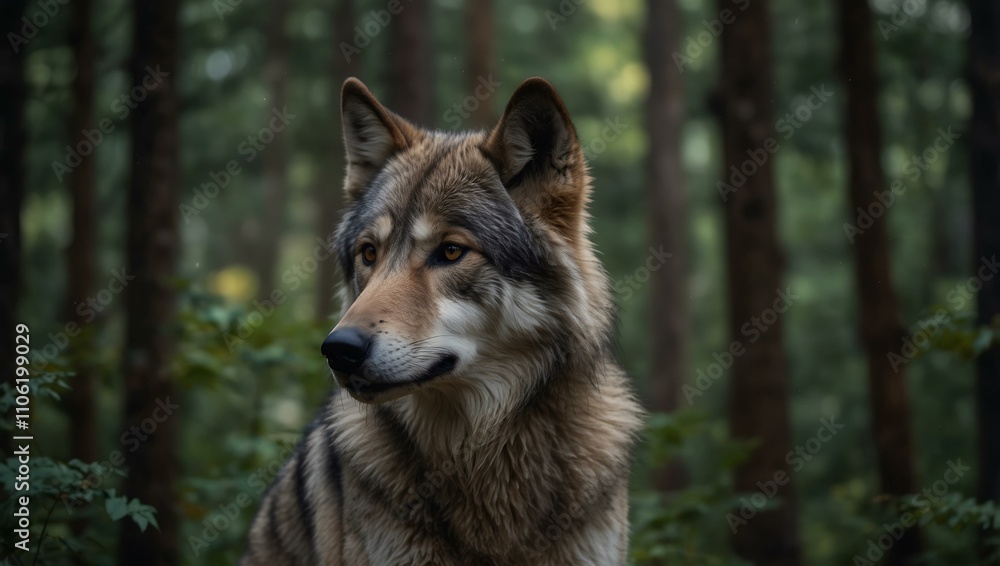 Fototapeta premium Grey wolf portrait in the forest.