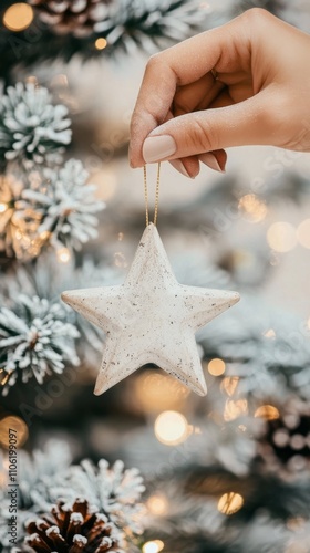 Winter holiday decoration process with handmade star ornament on Christmas tree