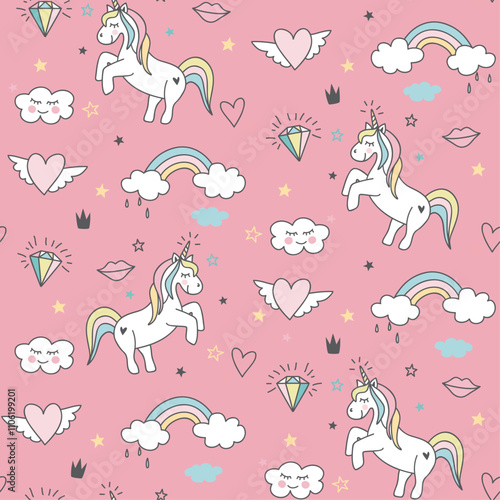 patron de unicornios y arcoiris en fondo rosa