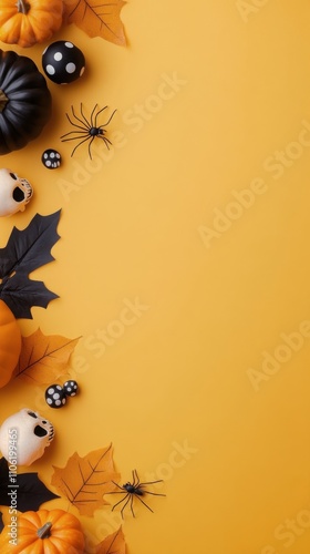 Colorful Halloween decorations with pumpkins, skulls, and spiders on yellow b...