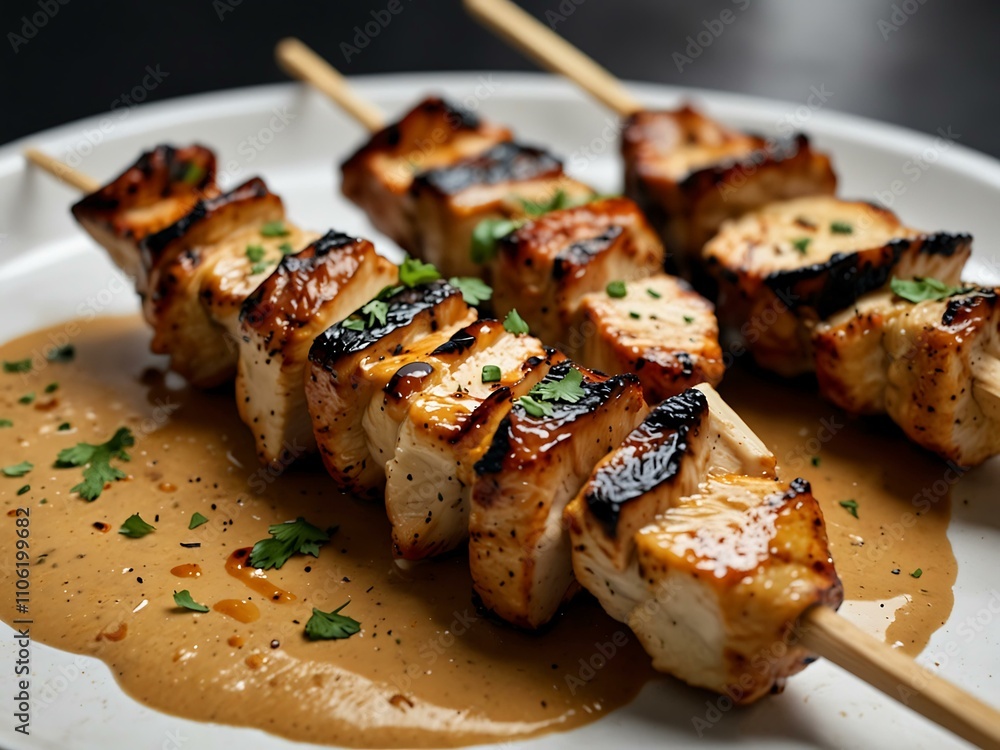 Grilled chicken skewers with char marks, topped with creamy peanut sauce. Grilled chicken skewers with char marks, topped with creamy peanut sauce.