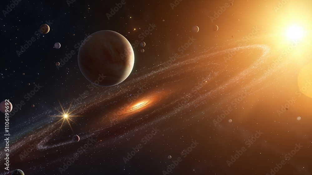Naklejka premium Planet over concentric galaxy core image. Amazing cosmic bodies cluster at bright light photography scene wallpaper. Deep universe composition concept photorealistic photo