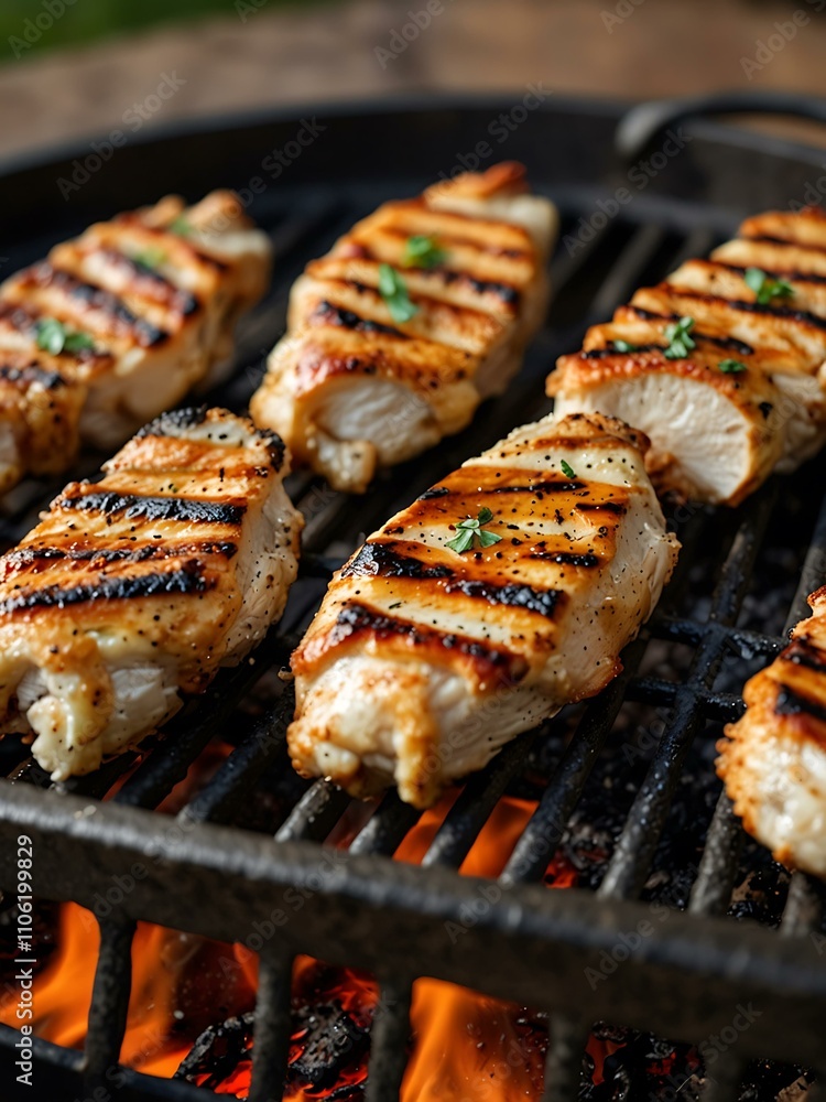 Grilled chicken strips on a fire grill with tongs. Grilled chicken strips on a fire grill with tongs.