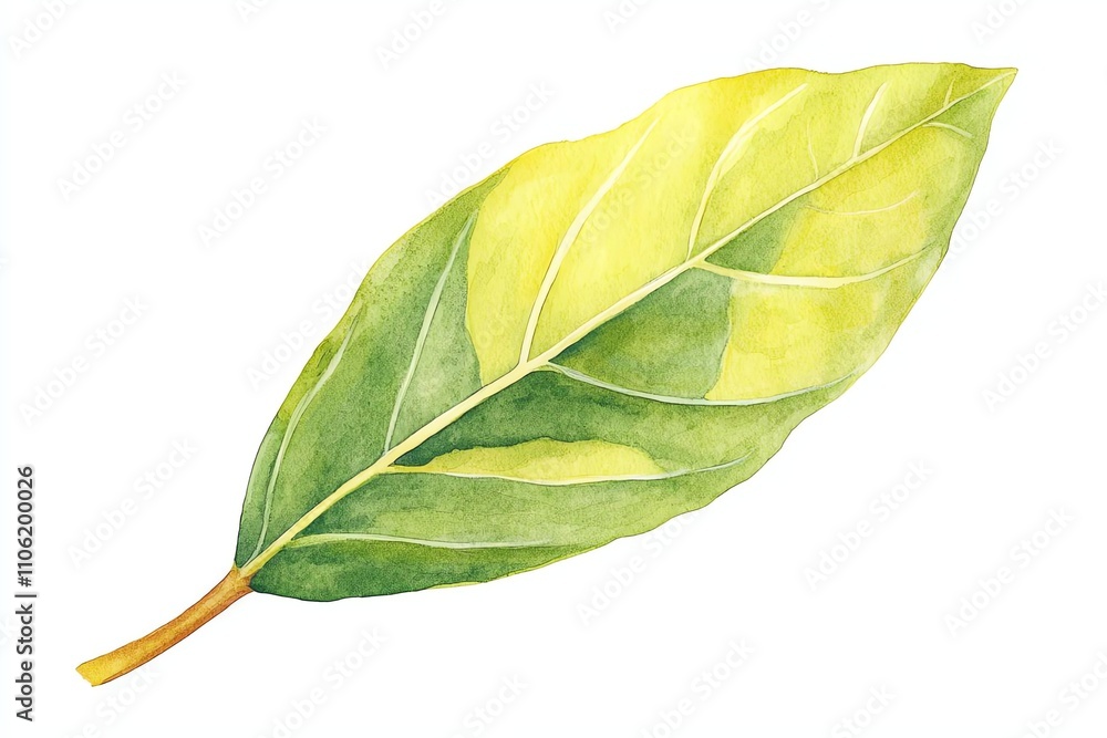 Obraz premium A detailed watercolor illustration of a vibrant green bay leaf. The artwork showcases the intricate textures and natural beauty of the leaf, perfect for botanical references.
