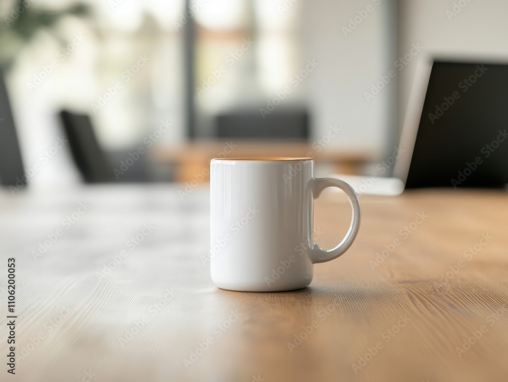 White Coffee Mug on Table Next to a Laptop in Modern Workspace White Coffee Mug on Table Next to a Laptop in Modern Workspace